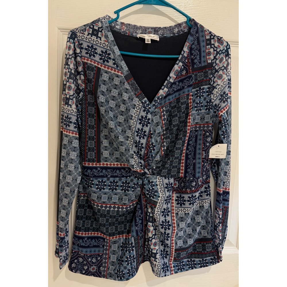 Daily Thread‎ Patchwork Blouse Long Sleeve Twist Front Top Blue Red S/P